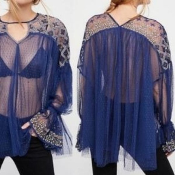 Free People Blue Gold Joy Ride Sheer Embroidered Poet Sleeve Top, Sz M, NWT $148 - Picture 2 of 10